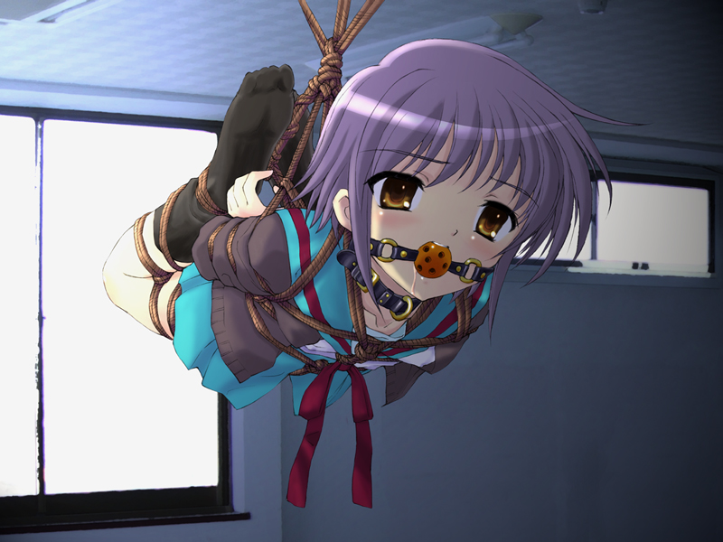 spark utamaro, nagato yuki, suzumiya haruhi no yuuutsu, non-web source, 00s, 1girl, ball gag, bdsm, black socks, blush, bondage, bound, breast bondage, brown eyes, cardigan, collar, crotch rope, feet, female focus, gag, gagged, hogtie, indoors, kneehighs, no shoes, purple hair, rope, saliva, school uniform, serafuku, shibari, shibari over clothes, shirt, socks, solo, suspension, wiffle gag