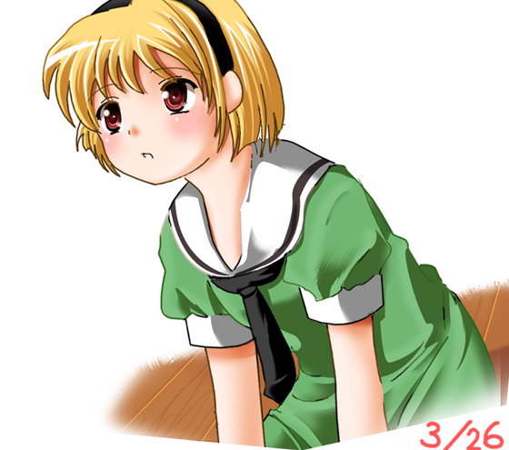 ruku (alicecreation), houjou satoko, higurashi no naku koro ni, 00s, 1girl, blonde hair, female focus, hairband, headband, necktie, red eyes, school uniform, serafuku, short hair, sitting, solo
