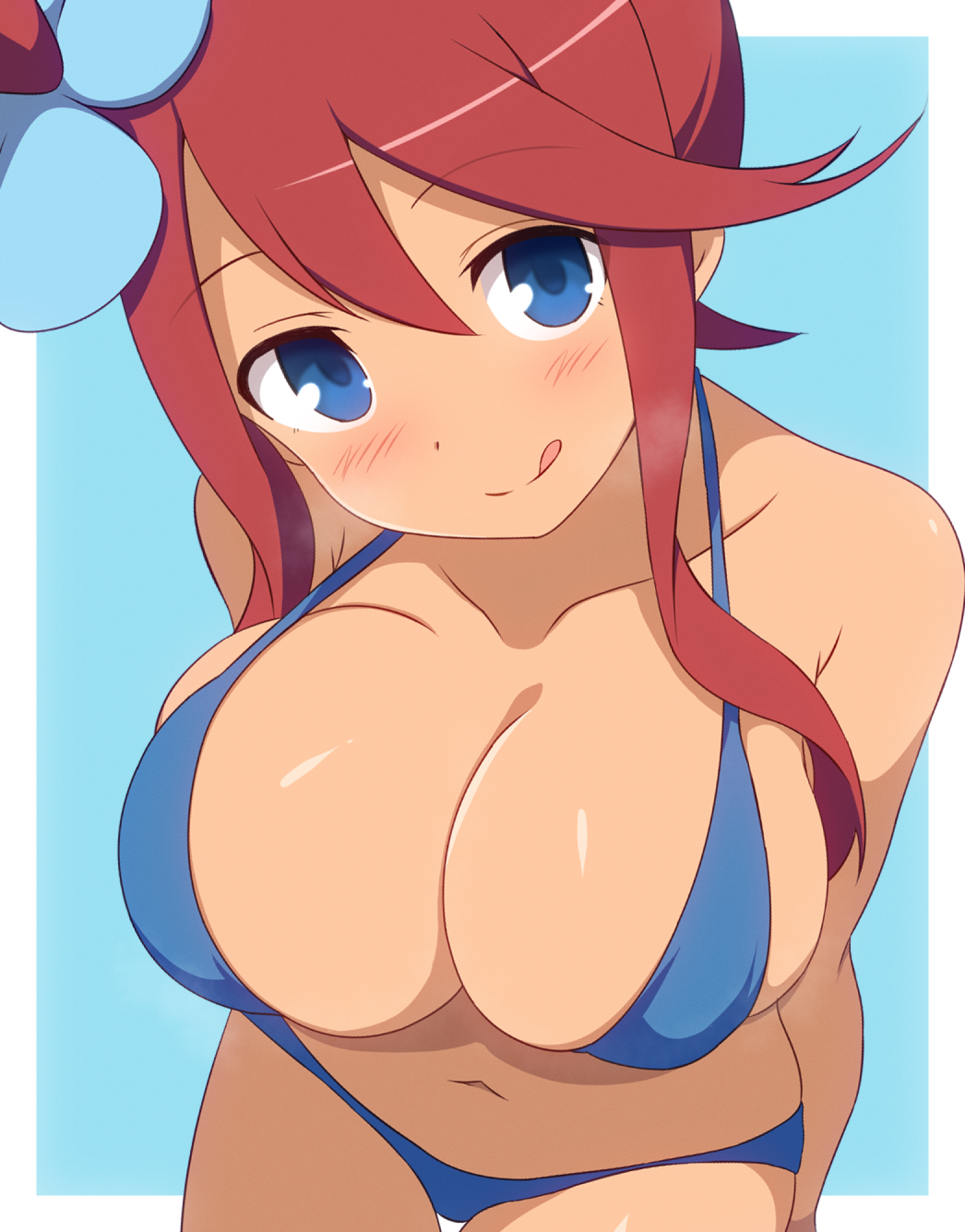 curakuru, skyla (pokemon), nintendo, pokemon, highres, 1girl, :q, bikini, blue bikini, blue eyes, breasts, large breasts, looking at viewer, navel, one side up, red hair, solo, swimsuit, tongue, tongue out, upper body