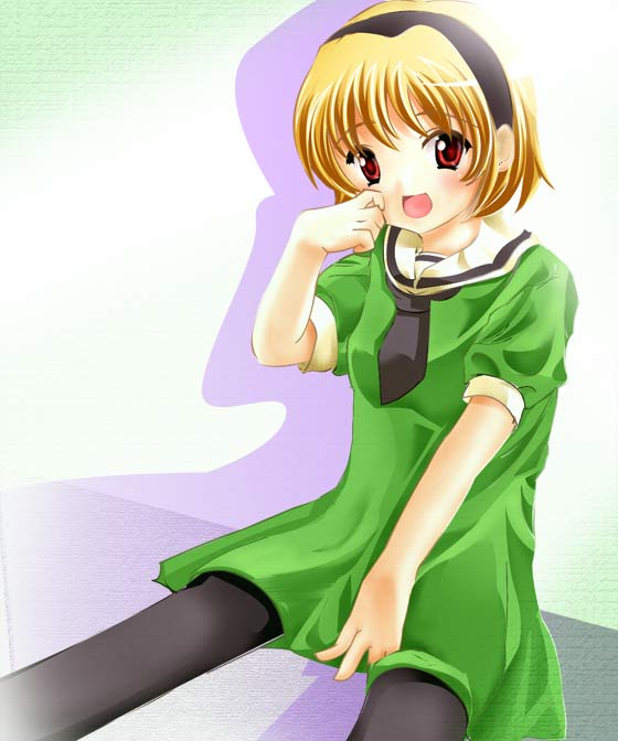 ruku (alicecreation), houjou satoko, higurashi no naku koro ni, 00s, 1girl, blonde hair, dress, female focus, hairband, headband, necktie, pantyhose, red eyes, school uniform, serafuku, short hair, sitting, smile, solo, thighhighs