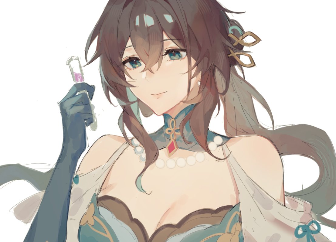 tomodurien, ruan mei (honkai: star rail), honkai: star rail, honkai (series), commentary, 1girl, aqua eyes, aqua gloves, bare shoulders, bead necklace, beads, black hair, breasts, cleavage, gloves, holding, holding test tube, jewelry, long hair, necklace, simple background, solo, test tube, upper body, white background