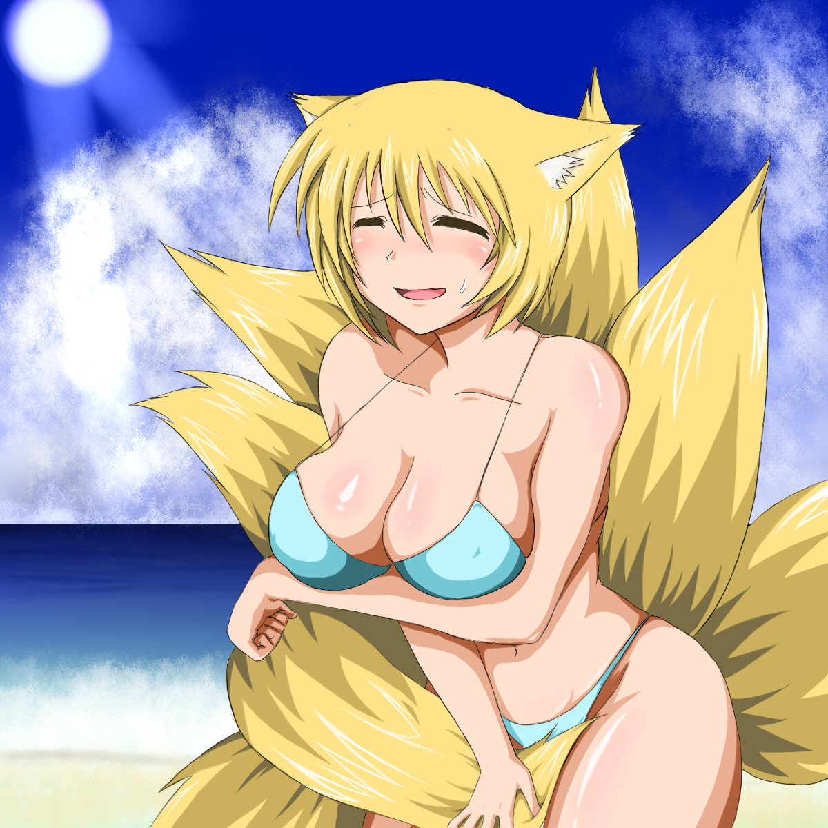 pepo (absolute1123), yakumo ran, touhou, breast hold, bad id, bad pixiv id, highres, 1girl, animal ears, beach, bikini, blonde hair, breasts, cleavage, cloud, day, female focus, fox ears, fox tail, large breasts, sky, solo, swimsuit, tail