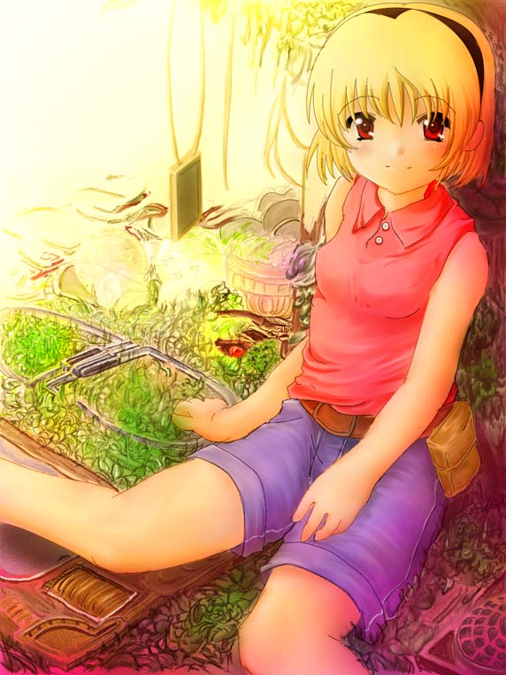 ruku (alicecreation), houjou satoko, higurashi no naku koro ni, 00s, belt, blonde hair, grass, hairband, headband, red eyes, short hair, shorts, sitting, sleeveless, smile, solo