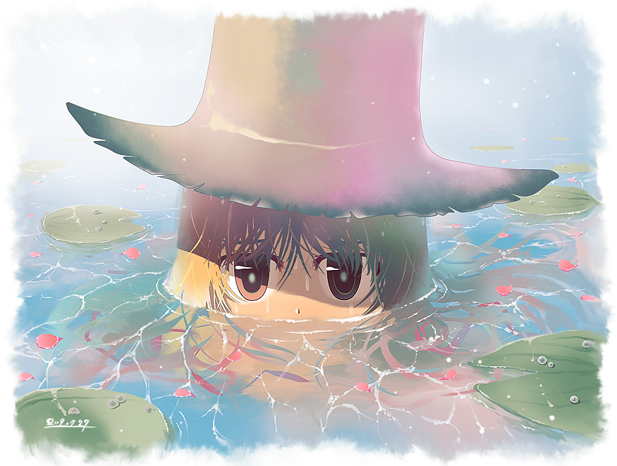 goriyaku, moriya suwako, touhou, 00s, 1girl, 2008, brown eyes, brown hair, covered mouth, dated, day, female focus, gradient background, hat, lily pad, nature, plant, reflection, solo, submerged, torn clothes, water, water drop, waterlily, wet, wet hair