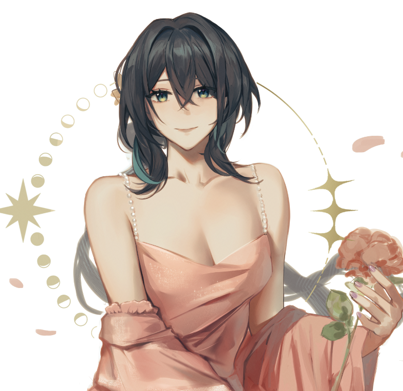 tomodurien, ruan mei (honkai: star rail), honkai: star rail, honkai (series), 1girl, alternate costume, bare shoulders, black hair, breasts, cleavage, detached sleeves, dress, green eyes, hair intakes, long hair, long sleeves, pink dress, simple background, solo, spaghetti strap, upper body, white background