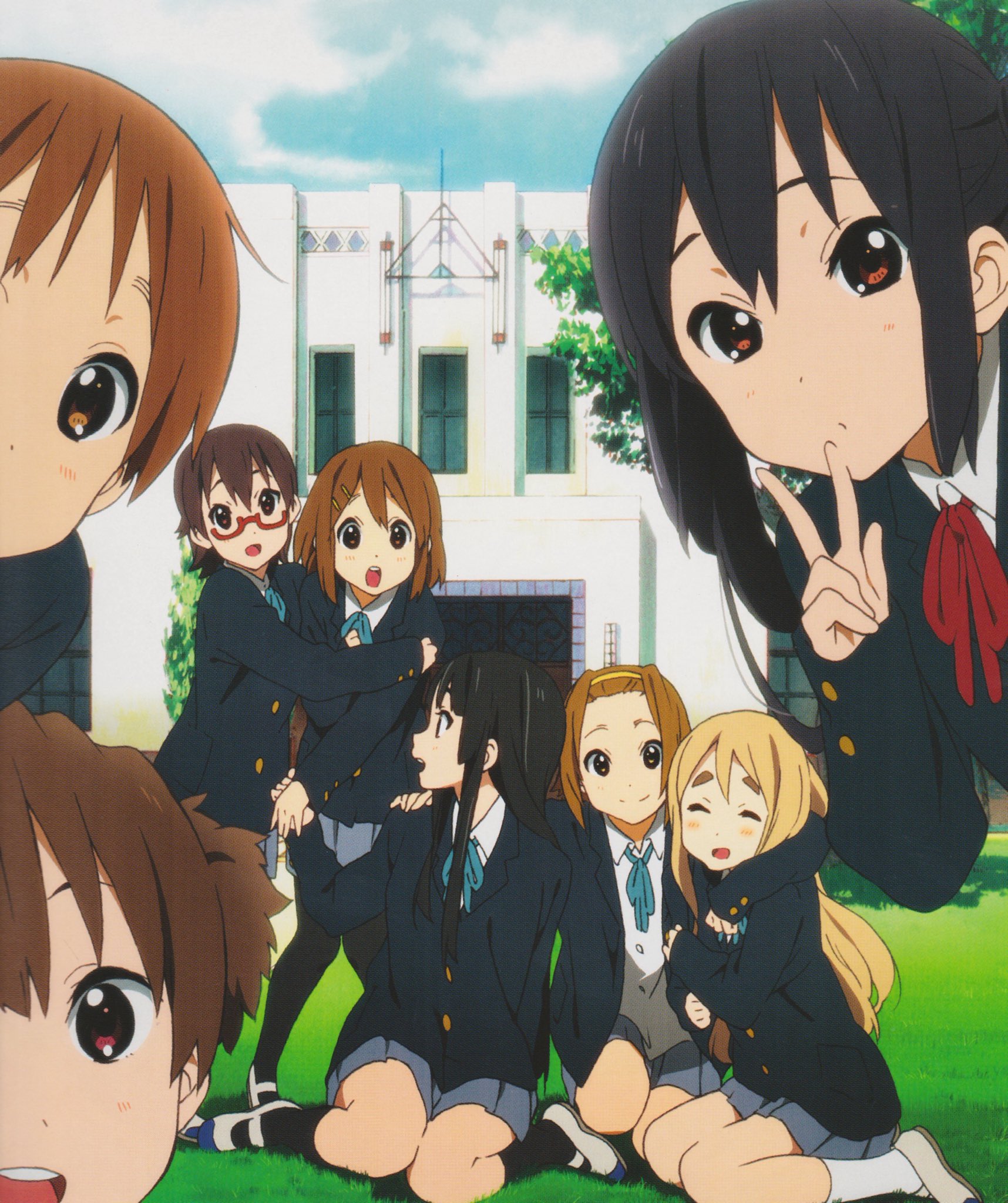 akiyama mio, hirasawa ui, hirasawa yui, kotobuki tsumugi, manabe nodoka, nakano azusa, suzuki jun, tainaka ritsu, k-on!, highres, official art, 6+girls, arm around shoulder, black hair, black pantyhose, black socks, blonde hair, blue sky, blush, brown eyes, brown hair, building, bushy eyebrows, closed eyes, closed mouth, cloud, dot nose, feet out of frame, female focus, forehead, full body, glasses, grass, hair between eyes, hair ornament, hairclip, headband, hug, jacket, long hair, long sleeves, multiple girls, open clothes, open jacket, open mouth, outdoors, pantyhose, ribbon, school, school uniform, shirt, shoes, short hair, siblings, sisters, sitting, skirt, sky, smile, socks, teeth, thick eyebrows, uwabaki, v, white shirt, white socks, window, yellow headband