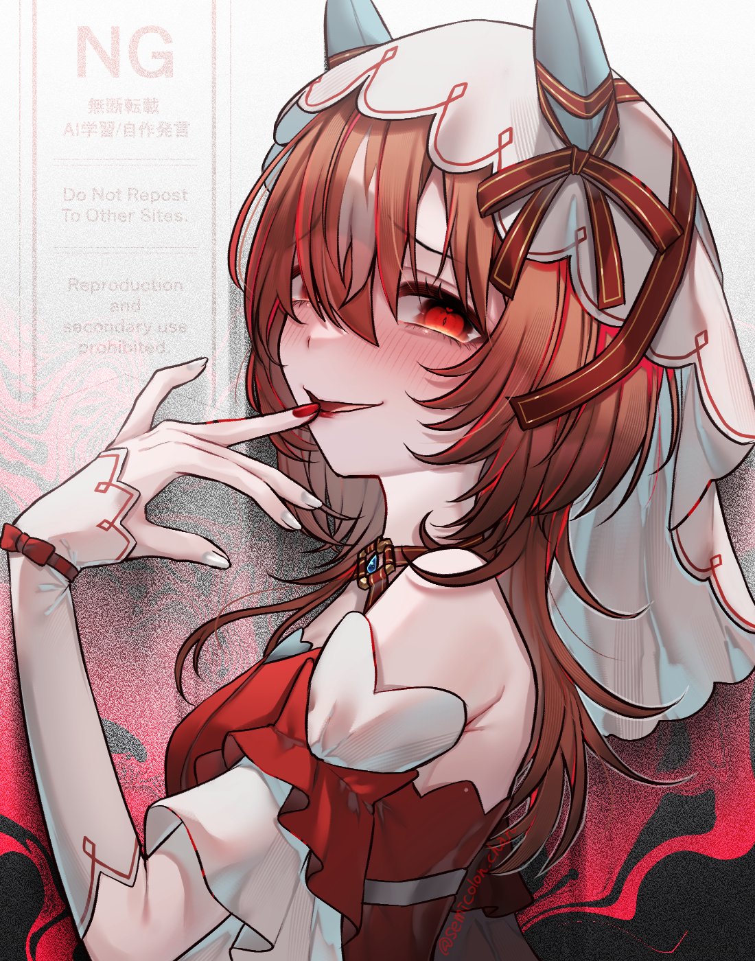 semicolon chan, still in love (umamusume), umamusume, highres, 1girl, animal ears, armpit crease, blush, bow, brown hair, detached sleeves, dress, ear ribbon, grey hair, hand up, horse ears, horse girl, long hair, looking at viewer, multicolored hair, nail polish, off-shoulder dress, off shoulder, red dress, red eyes, red lips, red nails, red ribbon, ribbon, solo, streaked hair, veil, water, white sleeves, white veil