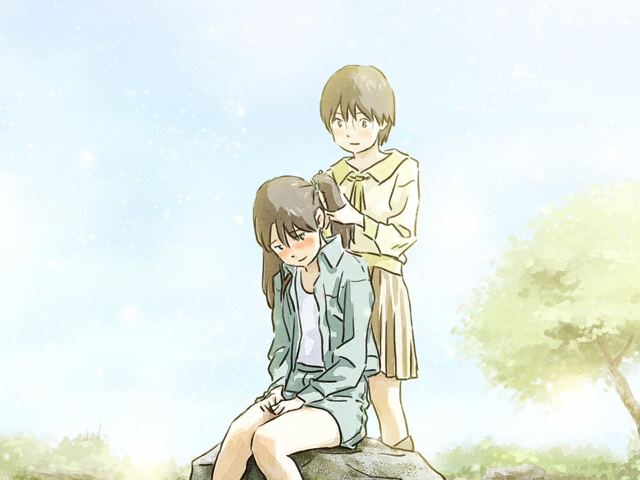 tnt (aaaazzzz), amasawa yuuko, okonogi yuuko, dennou coil, madhouse, 00s, 2girls, blush, child, glasses, hairdressing, jacket, long hair, multiple girls, outdoors, pencil skirt, short hair, skirt, smile, twintails
