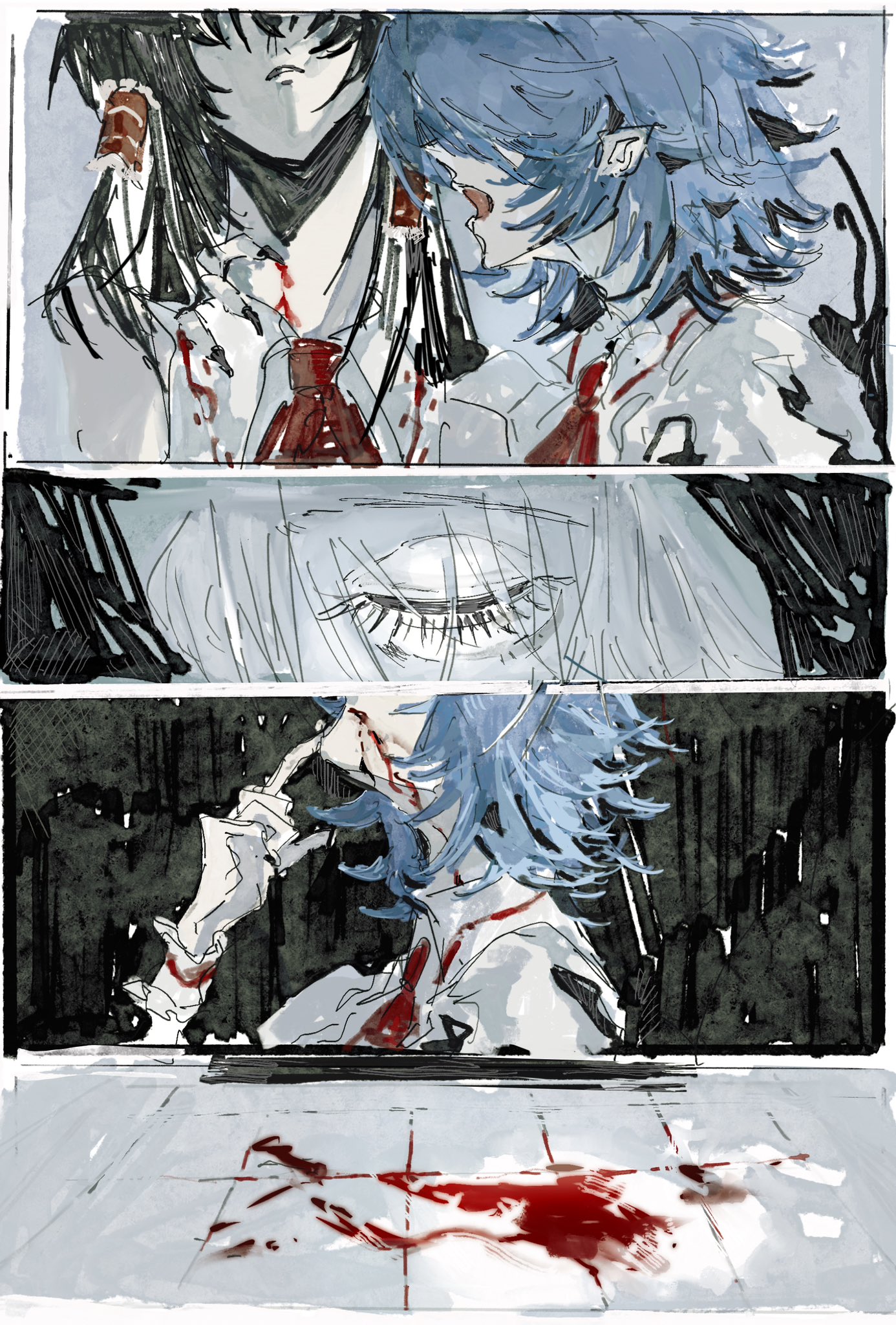 kachimashita, hakurei reimu, remilia scarlet, touhou, highres, 2girls, ascot, black hair, blood, blood on clothes, blood on face, blood on ground, closed eyes, finger to mouth, fingernails, hair tubes, hand on another's neck, hand up, imminent bite, medium hair, multiple girls, parted lips, pointy ears, purple hair, red ascot, sharp fingernails, shirt, tile floor, tiles, vampire, white shirt, wrist cuffs, yuri