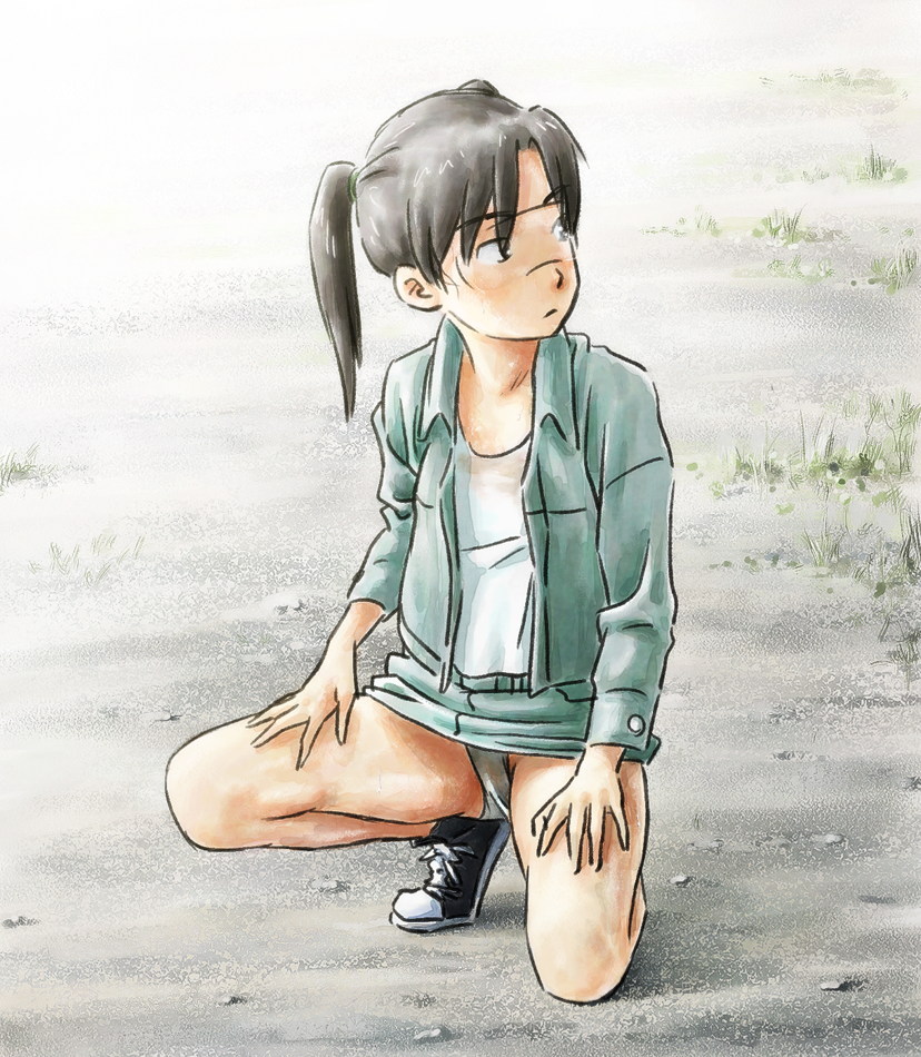 tnt (aaaazzzz), amasawa yuuko, dennou coil, 00s, 1girl, female focus, glasses, jacket, kneeling, loli, outdoors, panties, pencil skirt, skirt, solo, squatting, twintails, underwear, white panties