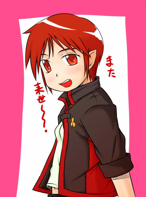 takanaga kouhei, meltrandi, raramia rerenia, zentradi, macross, macross frontier, bad id, bad pixiv id, 00s, flat chest, jacket, military, military uniform, pointy ears, red eyes, red hair, s.m.s., short hair, solo