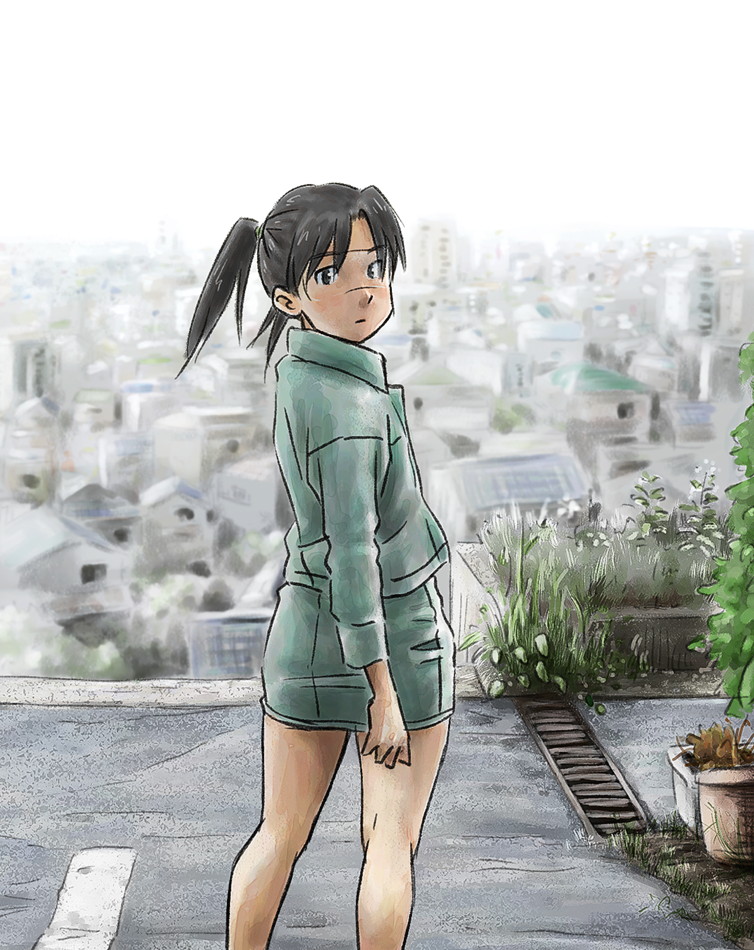 tnt (aaaazzzz), amasawa yuuko, dennou coil, 00s, 1girl, cityscape, denim, denim jacket, female focus, glasses, jacket, looking at viewer, looking back, outdoors, pencil skirt, scenery, skirt, solo, twintails