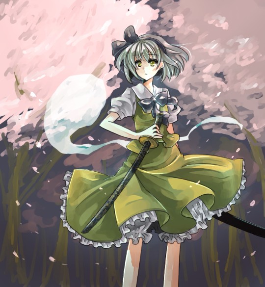 yutsuka, yutsuka (amyucca), konpaku youmu, konpaku youmu (ghost), touhou, silver hair, 1girl, cherry blossoms, female focus, green eyes, hairband, hitodama, katana, petals, short hair, solo, standing, sword, weapon, yellow eyes