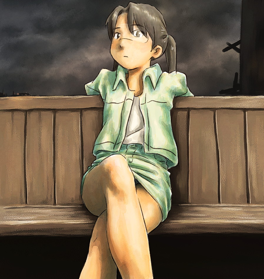 tnt (aaaazzzz), amasawa yuuko, dennou coil, 00s, 1girl, bench, brown eyes, brown hair, crossed legs, female focus, glasses, jacket, looking at viewer, outdoors, pencil skirt, sitting, skirt, solo, twintails