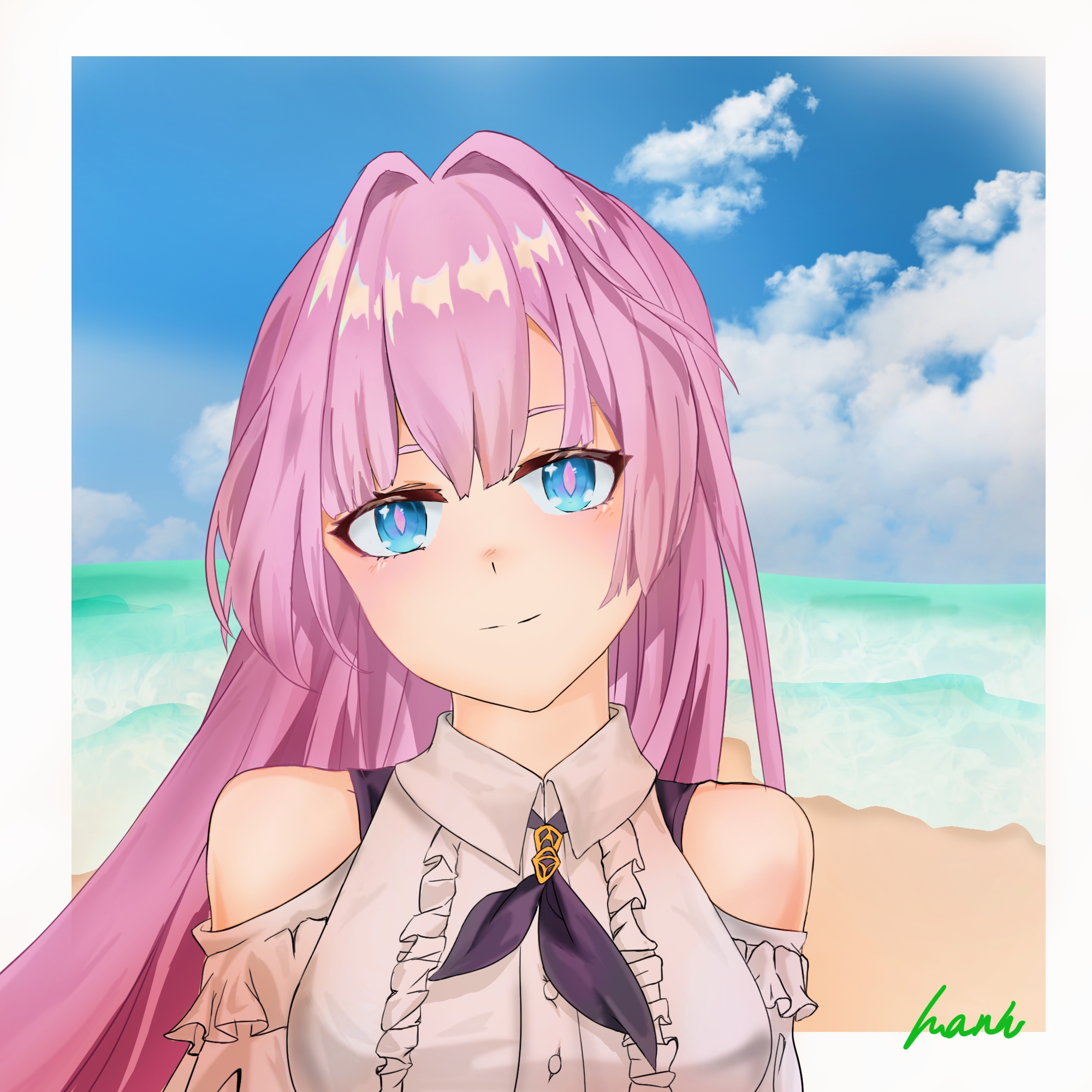 elysia (honkai impact), honkai (series), honkai impact 3rd, chinese commentary, commentary request, highres, 1girl, artist name, bare shoulders, beach, blue eyes, blue sky, border, breasts, dress, long hair, looking at viewer, mani, medium breasts, ocean, official alternate costume, outdoors, pink hair, sky, solo, upper body, very long hair, white border, white dress