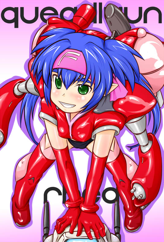 takanaga kouhei, klan klein, meltrandi, queadluun-rau, queadluun-rea, vf-1, vf-1j, zentradi, macross, macross frontier, head, bad id, bad pixiv id, 00s, bent over, blue hair, boots, chibi, elbow gloves, fang, gloves, green eyes, hairband, headband, long hair, mecha, pointy ears, robot, solo, thigh boots, thighhighs, twintails