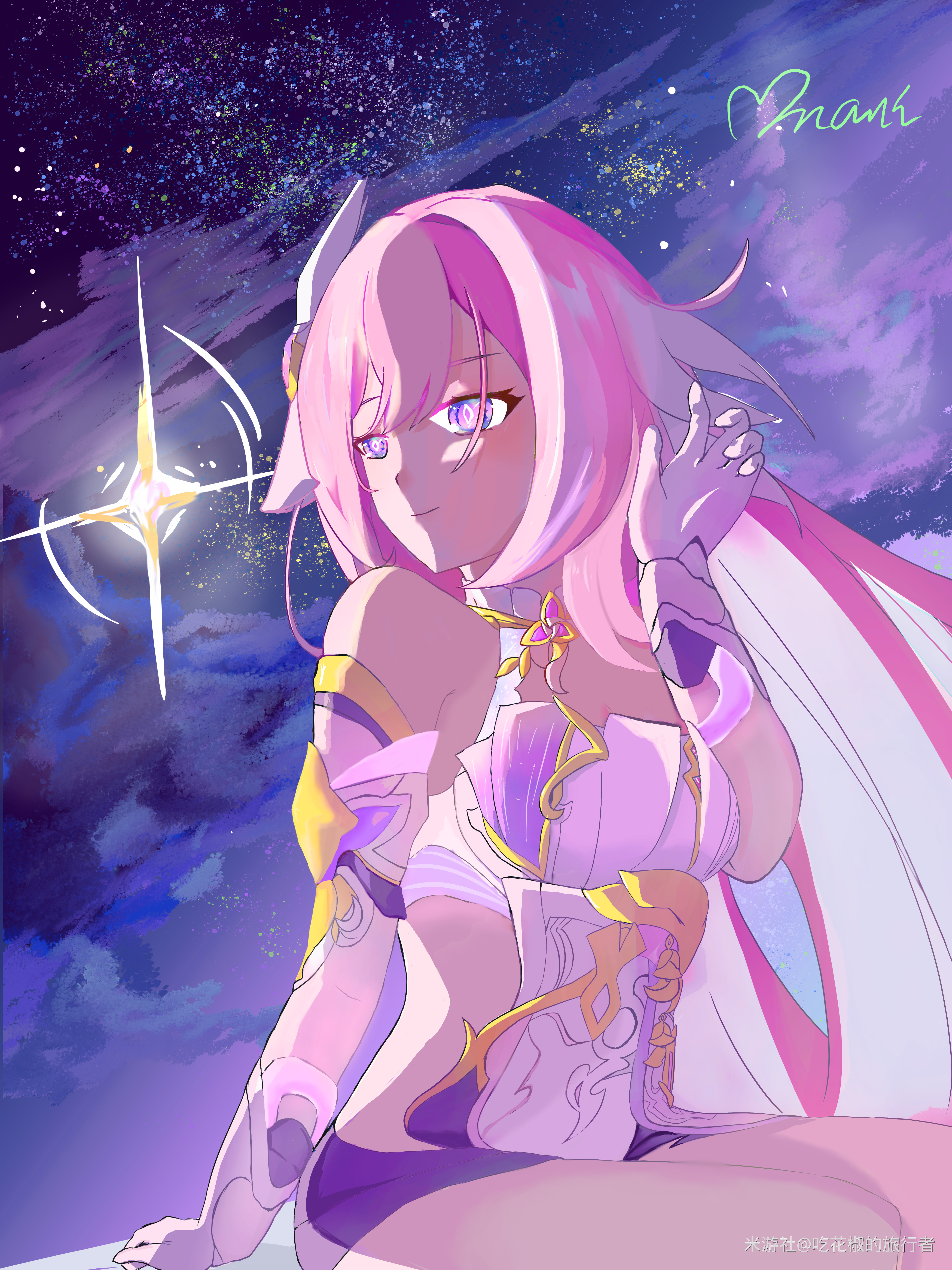 elysia (herrscher of human: ego) (honkai impact), elysia (honkai impact), honkai (series), honkai impact 3rd, absurdres, highres, 1girl, artist name, bare shoulders, black shorts, breasts, corset, diamond-shaped pupils, diamond (shape), gloves, hair ornament, large breasts, long hair, mani, multicolored hair, night, night sky, pink hair, purple eyes, short shorts, shorts, sky, smile, solo, star (sky), starry sky, symbol-shaped pupils, two-tone hair, very long hair, white corset, white gloves, white hair