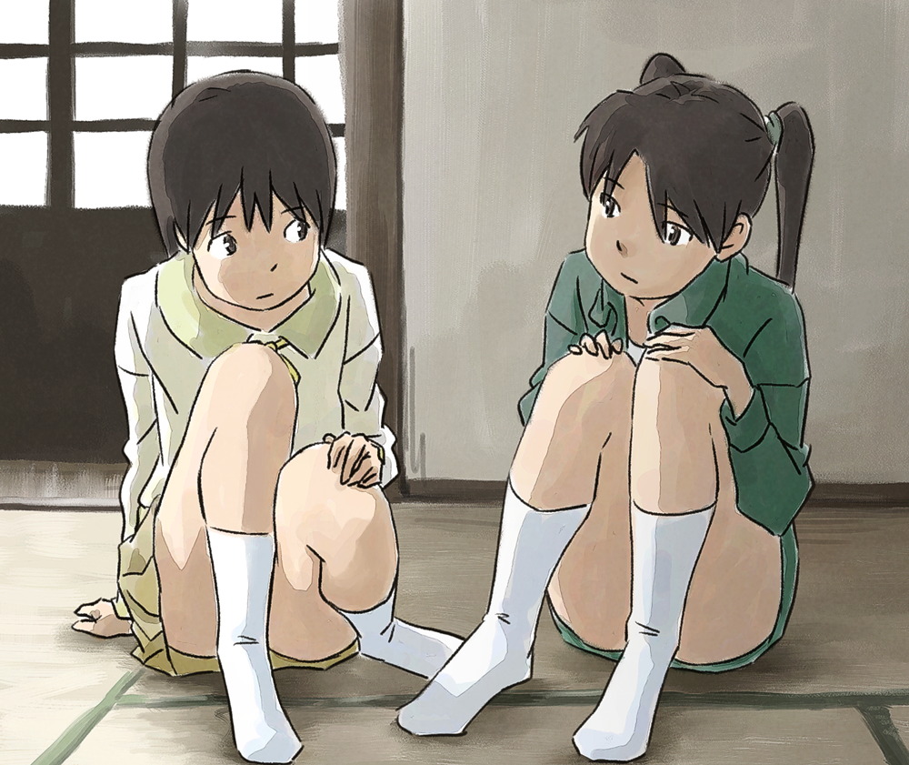 tnt (aaaazzzz), amasawa yuuko, okonogi yuuko, dennou coil, 00s, 2girls, indoors, jacket, multiple girls, short hair, shouji, sitting, skirt, sliding doors, socks, tatami, twintails