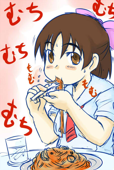 takanaga kouhei, aoi minamo, real drive, bad id, bad pixiv id, 1girl, bow, breasts, brown eyes, brown hair, eating, female focus, food, medium breasts, pink bow, plump, school uniform, serafuku, solo, sweat