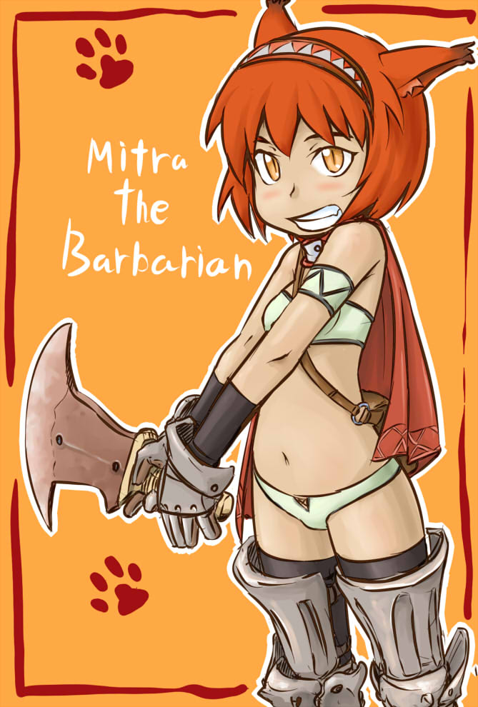 takanaga kouhei, mithra (ff11), final fantasy, final fantasy xi, bad id, bad pixiv id, 00s, 1girl, animal ears, armor, bag, boots, cape, cat ears, cat girl, fang, female focus, gauntlets, hairband, midriff, navel, short hair, solo, sword, thigh boots, thighhighs, weapon