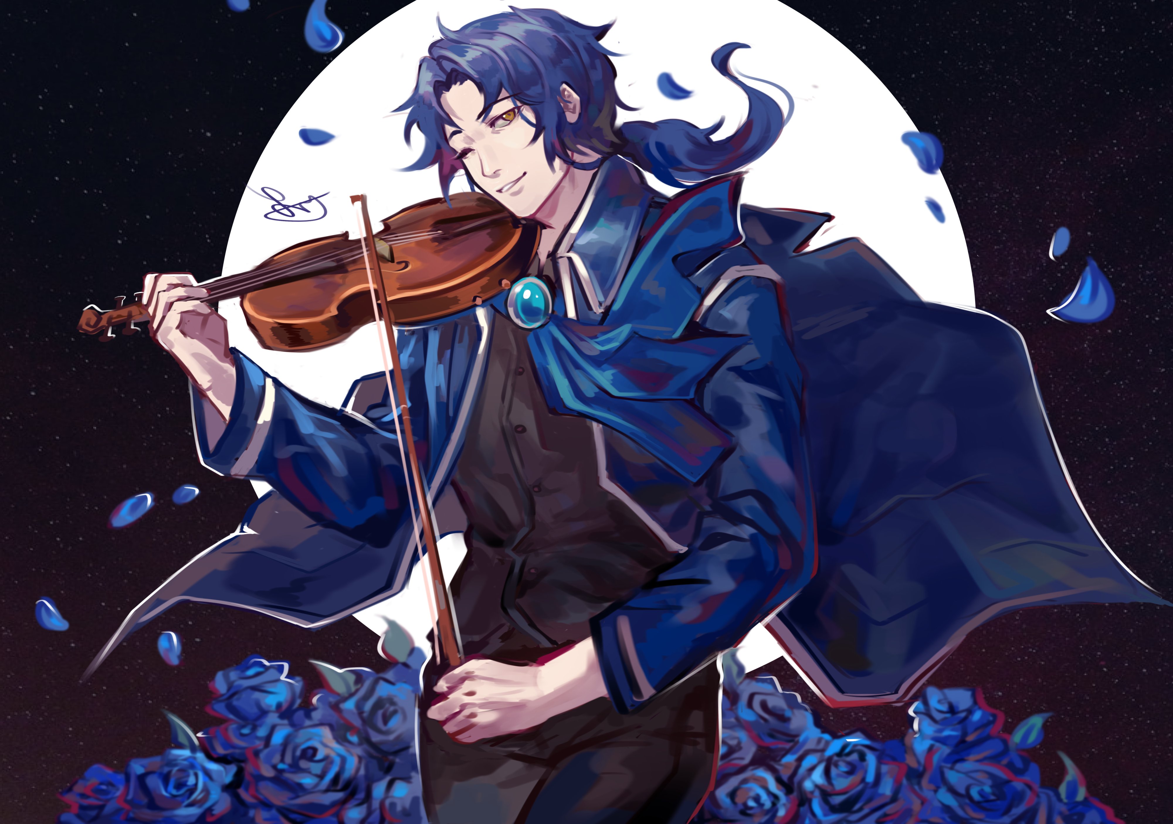 chesed (project moon), library of ruina, project moon, absurdres, highres, 1boy, black pants, black vest, blue brooch, blue flower, blue hair, blue jacket, blue neckerchief, blue petals, blue rose, bow (music), brown eyes, buttons, collared jacket, cowboy shot, curtained hair, falling petals, floating hair, floating jacket, flower, full moon, grin, hand up, holding, holding bow (music), holding instrument, holding violin, huge moon, instrument, jacket, loaf mini, long sleeves, low ponytail, male focus, medium hair, moon, music, neckerchief, one eye closed, open clothes, open jacket, pants, parted bangs, petals, playing instrument, ponytail, rose, signature, sky, smile, solo, star (sky), starry sky, vest, violin, waistcoat