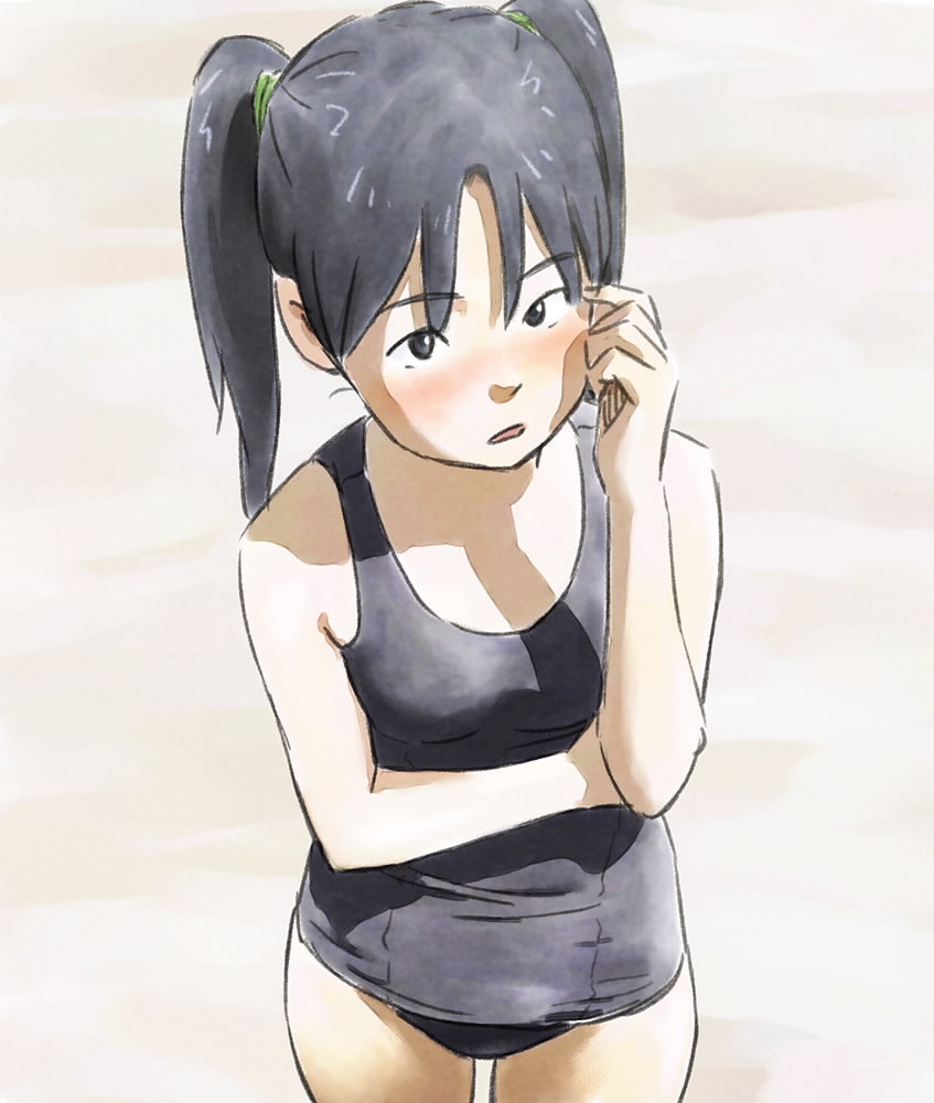 tnt (aaaazzzz), amasawa yuuko, dennou coil, 00s, 1girl, black one-piece swimsuit, blush, female focus, looking at viewer, one-piece swimsuit, outdoors, school swimsuit, solo, swimsuit, twintails