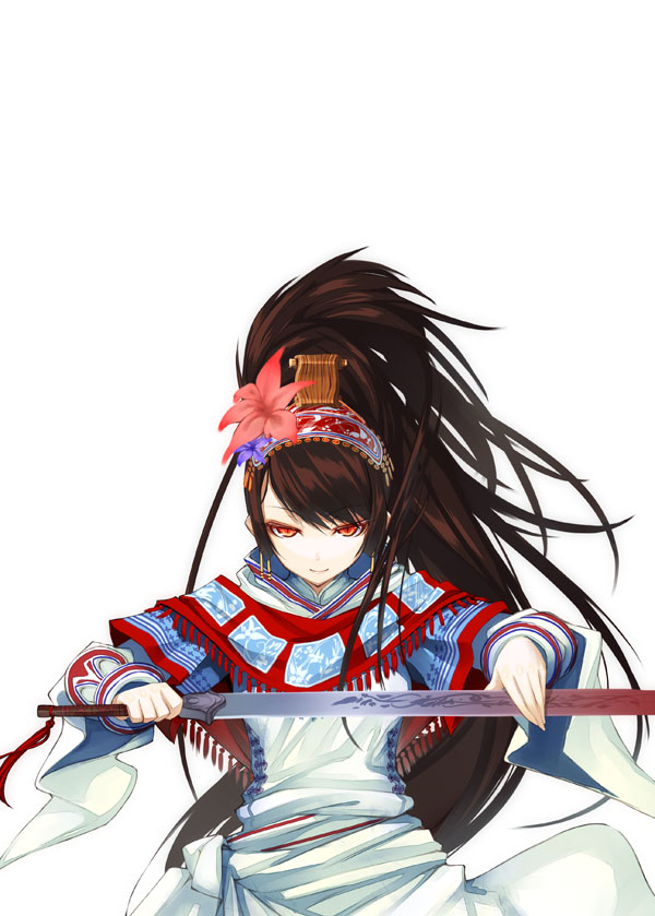 shingo (missing link), zhang chunhua, zhang chunhua (sangokushi taisen), sangokushi taisen, bad id, bad pixiv id, 1girl, brown hair, dress, female focus, flower, long hair, red eyes, solo, sword, very long hair, weapon