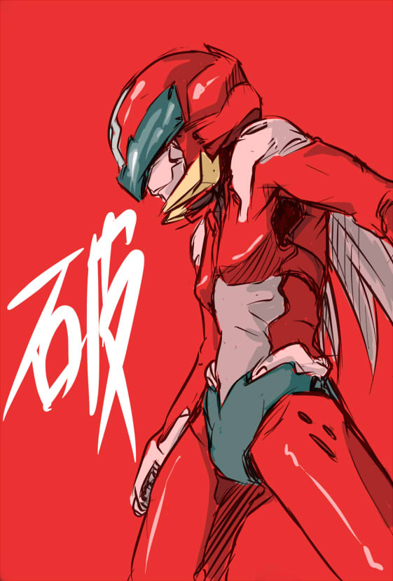takanaga kouhei, hariken polymar, bad id, bad pixiv id, 1970s (style), armor, bodysuit, gloves, helmet, long hair, male focus, oldschool, retro artstyle, solo, standing