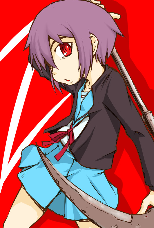 takanaga kouhei, nagato yuki, suzumiya haruhi no yuuutsu, bad id, bad pixiv id, 00s, cardigan, purple hair, red eyes, school uniform, scythe, serafuku, short hair, solo