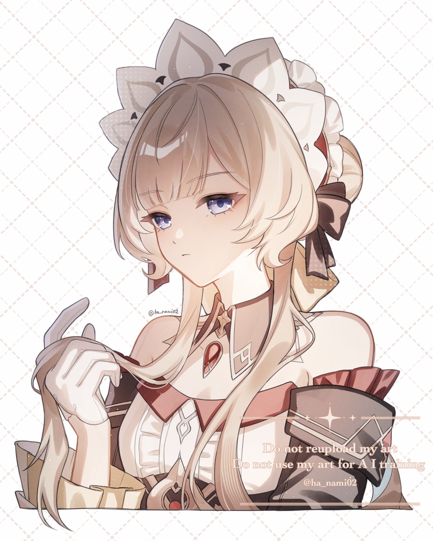 hana (nemukunai87), sandrone (genshin impact), genshin impact, commentary, highres, 1girl, bare shoulders, black dress, blonde hair, blue eyes, breasts, detached collar, detached sleeves, dress, long bangs, looking at viewer, maid headdress, medium breasts, solo, strapless, strapless dress, twitter username, upper body, watermark
