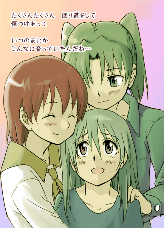 niina ryou, amasawa yuuko, michiko, michiko (dennou coil), okonogi yuuko, dennou coil, translation request, 00s, 3girls, brown hair, green hair, hug, long hair, multiple girls, short hair, tears, twintails
