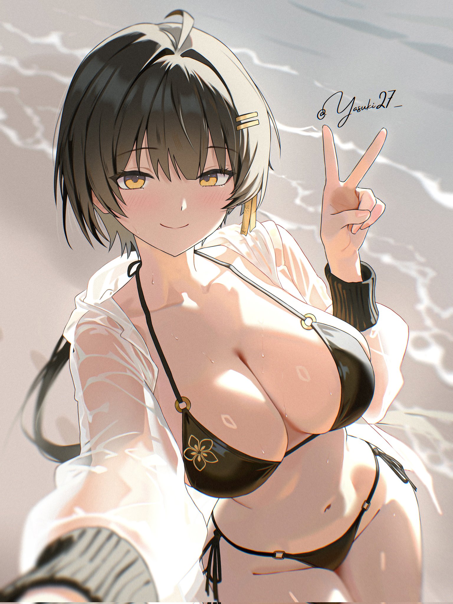 yasuki27, female rover (wuthering waves), rover (wuthering waves), wuthering waves, commentary, corrupted twitter file, english commentary, highres, 1girl, ahoge, alternate costume, bikini, black bikini, black hair, breasts, cleavage, closed mouth, collarbone, groin, hair ornament, hair ribbon, hairclip, halterneck, hand up, hood, hood down, hooded jacket, jacket, large breasts, light blush, long sleeves, looking at viewer, navel, open clothes, open jacket, parallel hairclips, ribbon, see-through clothes, see-through jacket, signature, smile, solo, stomach, string bikini, swimsuit, thighs, v, wet, white jacket, yellow eyes, yellow ribbon