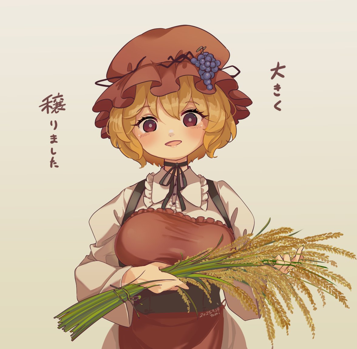 tami (joemanyodw), aki minoriko, touhou, translation request, 1girl, apron, black ribbon, blonde hair, blush, breasts, dated, frilled shirt collar, frills, grape hat ornament, grey background, grey pupils, hat, holding, holding plant, large breasts, long sleeves, looking at viewer, mob cap, neck ribbon, open mouth, plant, red apron, red eyes, red hat, ribbon, rice (plant), shirt, short hair, signature, smile, solo, upper body, white shirt
