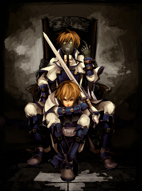 ky kiske, robo-ky, arc system works, guilty gear, guilty gear x, guilty gear xx, 2boys, blonde hair, brown hair, clothed robot, full body, gauntlets, holding, holding sword, holding weapon, looking at viewer, male focus, multiple boys, puppet, robot, shoulder pads, sitting, sword, throne, weapon