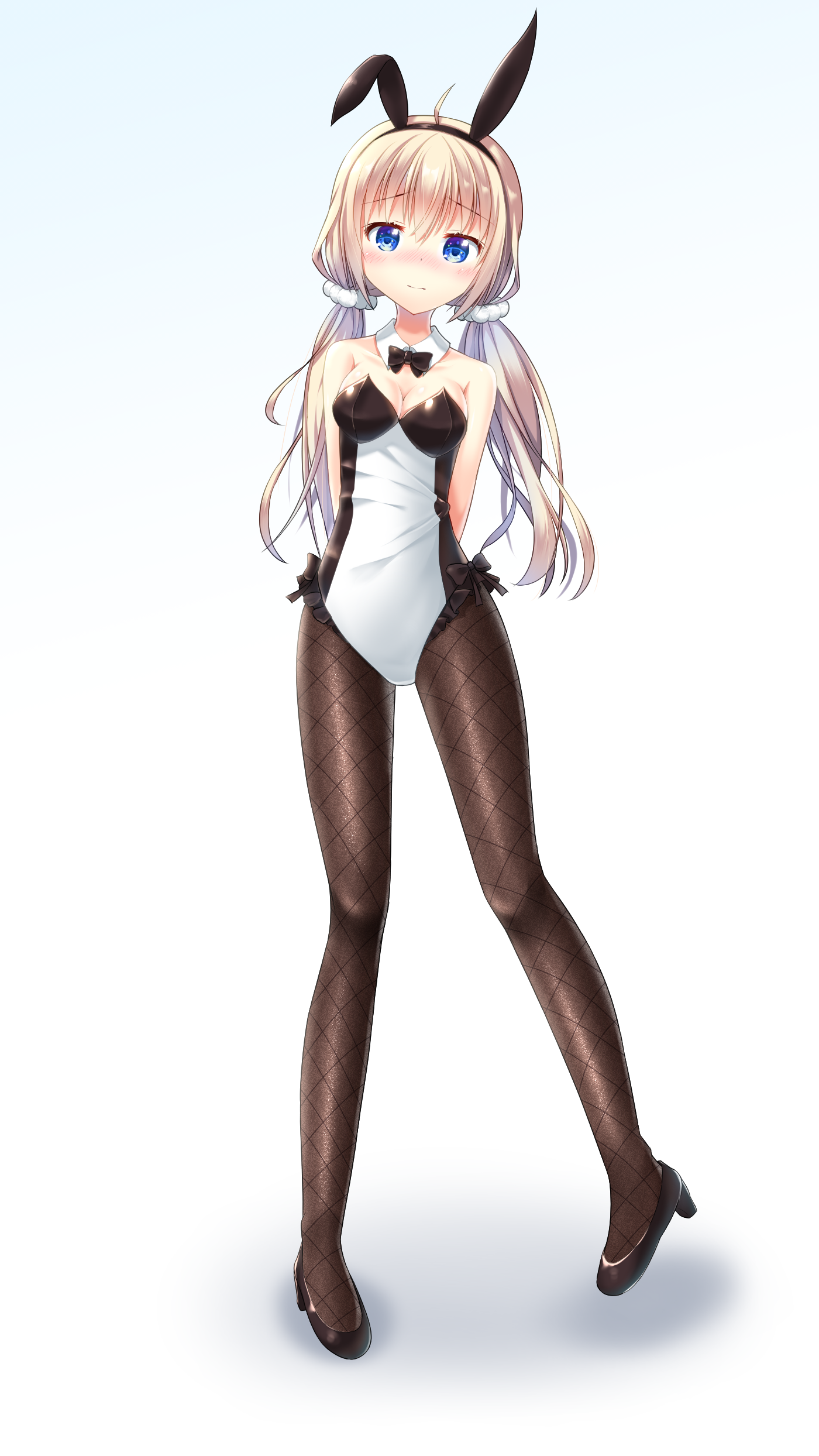 getsuyoshi, itsumura haruka, re:stage!, absurdres, commentary, highres, 1girl, ahoge, animal ear hairband, animal ears, arms behind back, black bow, black bowtie, black hairband, black shoes, blonde hair, blue eyes, blush, bow, bowtie, breasts, brown pantyhose, cleavage, closed mouth, collarbone, detached collar, dot nose, fake animal ears, full body, hair ornament, hair scrunchie, hairband, high heels, leotard, long hair, looking at viewer, low twintails, nose blush, pantyhose, playboy bunny, pumps, rabbit ear hairband, rabbit ears, scrunchie, shadow, shoes, simple background, small breasts, solo, straight-on, strapless, strapless leotard, twintails, white background, white scrunchie