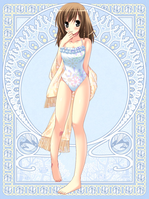 tajima yoshikazu, silver rain, non-web source, 1girl, bare legs, barefoot, black eyes, brown hair, female focus, full body, long hair, one-piece swimsuit, pigeon-toed, solo, standing, swimsuit, towel
