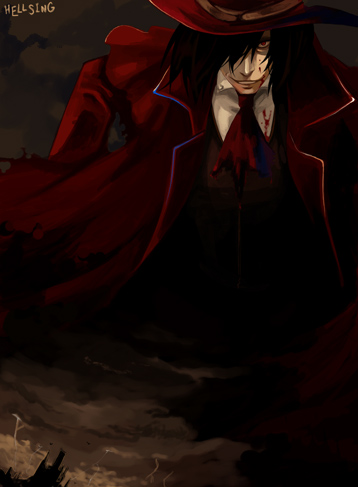 alucard (hellsing), hellsing, lowres, 1boy, black hair, blood, blood on clothes, blood on face, coat, dark, formal clothes, gradient background, hair over one eye, hat, male focus, necktie, overcoat, red coat, red eyes, red hat, solo, suit, vampire