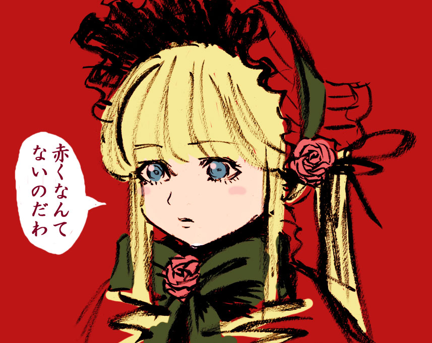 shinku, rozen maiden, 00s, 1girl, blonde hair, blue eyes, bonnet, bow, bowtie, dress, female focus, flower, green bow, green bowtie, red dress, red flower, red rose, rose, sidelocks, solo, speech bubble, talking, text focus