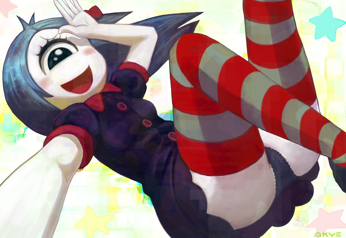 akkiyosu, akys, iris (ruby gloom), ruby gloom, 1girl, black panties, blue hair, cyclops, female focus, lace, lace-trimmed panties, lace trim, monster girl, one-eyed, panties, pantyshot, solo, striped clothes, striped thighhighs, thighhighs, underwear