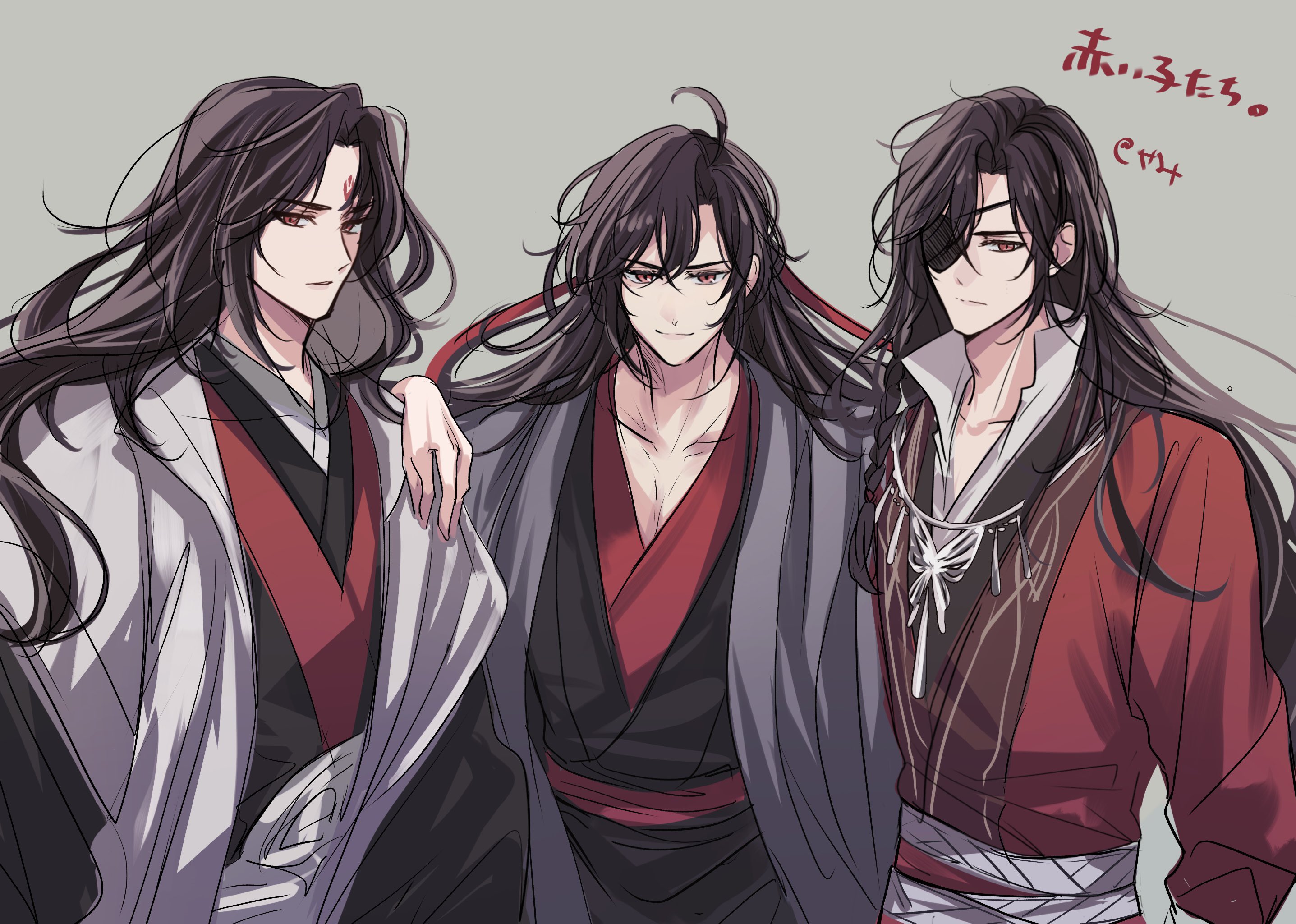 semiusa1010, hua cheng, luo binghe, wei wuxian, wei wuxian (yiling laozu), zuiyin, modao zushi, renzha fanpai zijiu xitong, tianguan cifu, silver necklace, highres, 3boys, ahoge, bishounen, black hair, black hanfu, braid, butterfly necklace, chinese clothes, closed mouth, coat, color connection, creator connection, crossover, eyepatch, facial mark, forehead mark, grey background, grey coat, hair down, hair ribbon, half updo, hand on another's shoulder, hanfu, jewelry, long hair, long sleeves, looking at viewer, male focus, multiple boys, multiple crossover, necklace, official alternate costume, official alternate hairstyle, one eye covered, open clothes, open coat, popped collar, red eyes, red hanfu, red ribbon, red sash, ribbon, robe, sash, side braid, sidelocks, silver belt, simple background, single braid, smile, upper body, wavy hair, white coat, wide sleeves