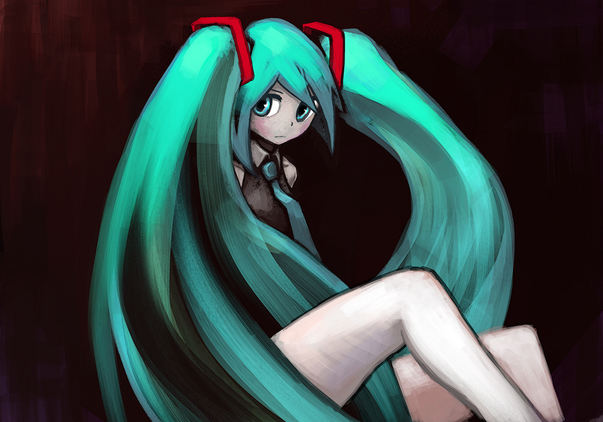 akkiyosu, akys, hatsune miku, vocaloid, bad id, bad pixiv id, 1girl, aqua eyes, black background, blue hair, depressed, detached sleeves, female focus, hair ribbon, long hair, necktie, ribbon, simple background, solo, twintails, very long hair