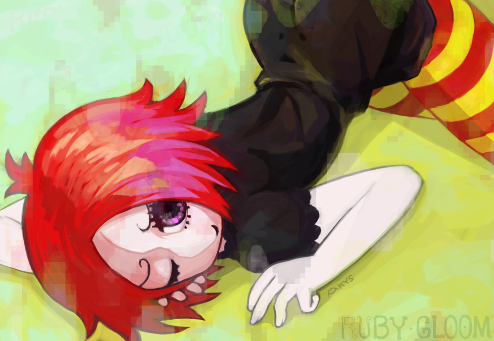 akkiyosu, akys, ruby gloom (character), ruby gloom, multicolored legwear, 1girl, character name, colored skin, female focus, lying, one eye closed, pantyhose, purple eyes, red hair, short hair, solo, striped clothes, striped pantyhose, thighhighs, white skin