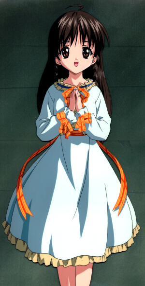 karen (sister princess), sister princess, anime screenshot, non-web source, stitched, third-party edit, 00s, braid, brown eyes, brown hair, dress, ribbon, solo, twin braids