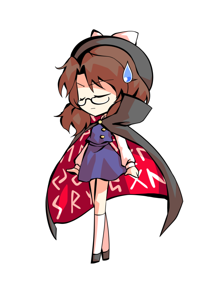 dairi, usami sumireko, touhou, urban legend in limbo, commentary request, large variant set, variant set, 1girl, black-framed eyewear, black boots, black cloak, black hat, boots, bow, brown hair, chibi, cloak, closed eyes, closed mouth, clothes writing, comedic sweatdrop, facing ahead, glasses, hat, hat bow, kneehighs, light frown, long sleeves, medium hair, purple skirt, purple vest, red cloak, runes, semi-rimless eyewear, shirt, skirt, socks, solo, sweatdrop, tachi-e, under-rim eyewear, v-shaped eyebrows, vest, white bow, white shirt, white socks