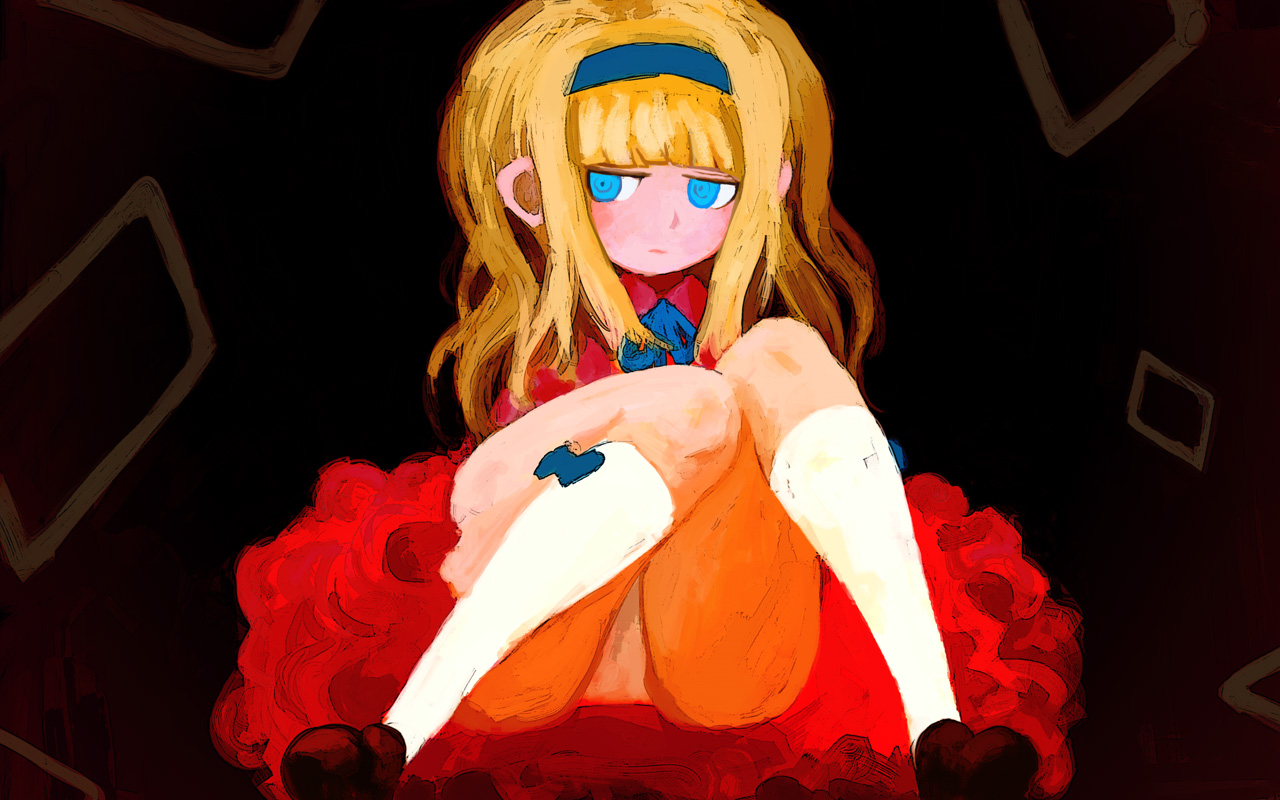 akkiyosu, akys, alice (alice in wonderland), alice's adventures in wonderland, 1girl, blonde hair, blue eyes, female focus, panties, pantyshot, socks, solo, underwear