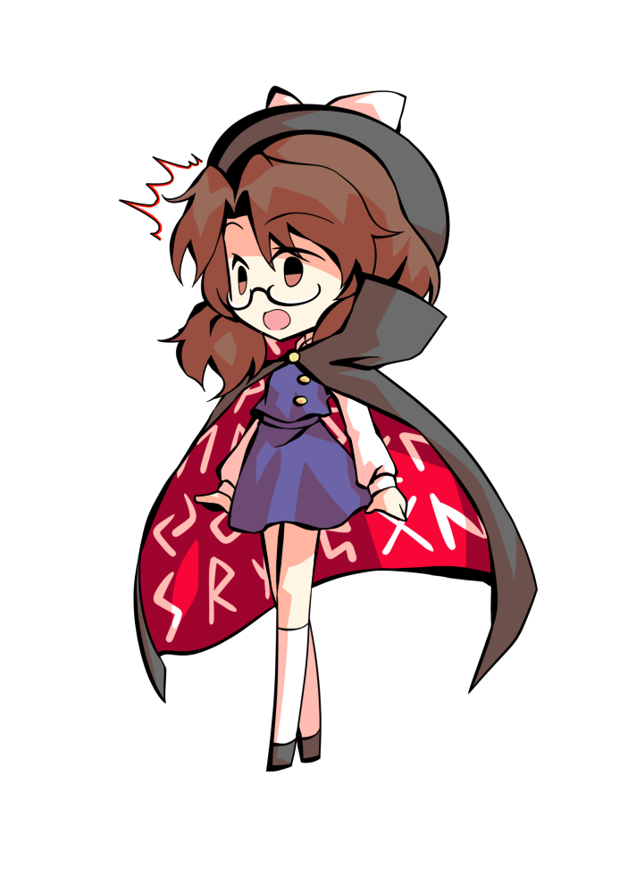 dairi, usami sumireko, touhou, urban legend in limbo, commentary request, large variant set, variant set, 1girl, :o, ^^^, black-framed eyewear, black boots, black cloak, black hat, boots, bow, brown eyes, brown hair, chibi, cloak, clothes writing, glasses, hat, hat bow, kneehighs, long sleeves, looking ahead, medium hair, open mouth, purple skirt, purple vest, red cloak, runes, semi-rimless eyewear, shirt, skirt, socks, solo, surprised, tachi-e, under-rim eyewear, vest, white bow, white shirt, white socks, wide-eyed, wide mouth