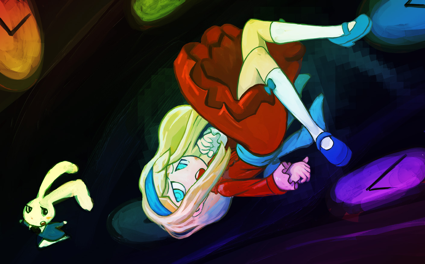 akkiyosu, akys, alice (alice in wonderland), white rabbit (alice in wonderland), alice's adventures in wonderland, 1girl, blonde hair, blue eyes, clock, dress, falling, female focus, solo