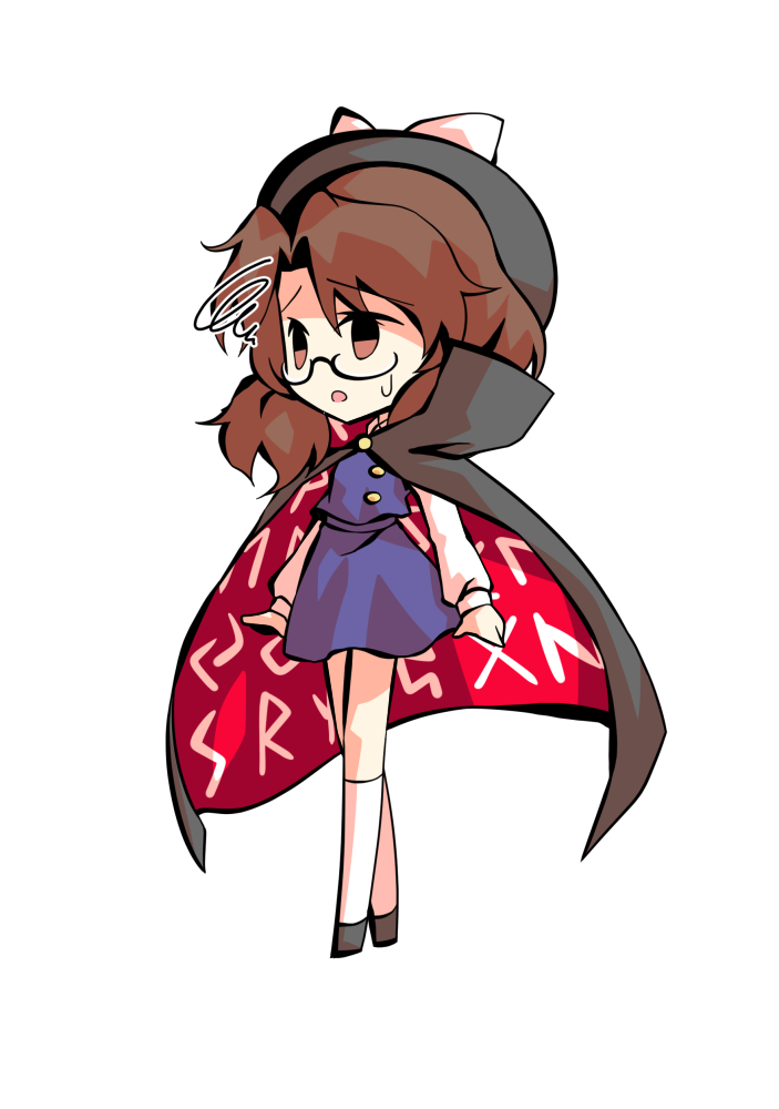 dairi, usami sumireko, touhou, urban legend in limbo, commentary request, large variant set, variant set, 1girl, :o, black-framed eyewear, black boots, black cloak, black hat, boots, bow, brown eyes, brown hair, chibi, cloak, clothes writing, glasses, hat, hat bow, kneehighs, long sleeves, looking ahead, medium hair, open mouth, purple skirt, purple vest, red cloak, runes, semi-rimless eyewear, shirt, skirt, socks, solo, spiral, sweatdrop, tachi-e, under-rim eyewear, vest, white bow, white shirt, white socks