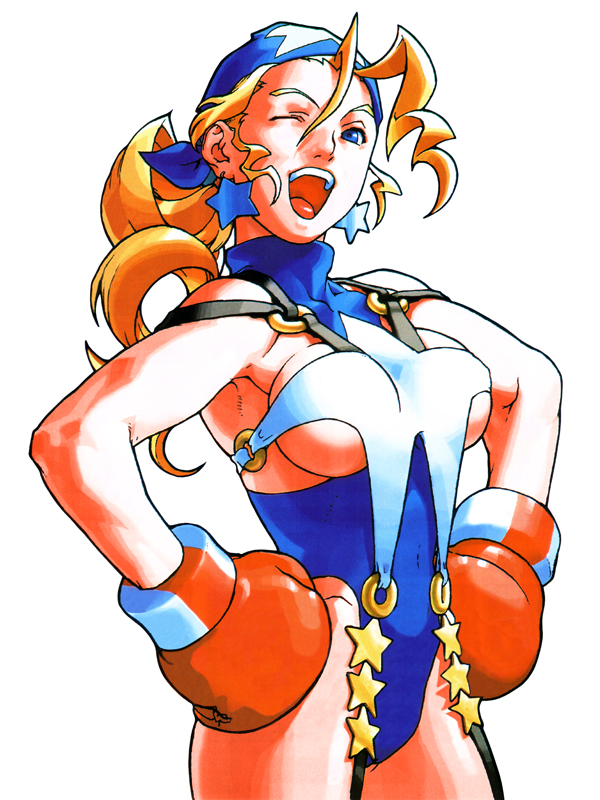 edaki shin'ya, tiffany lords, capcom, justice gakuen, shiritsu justice gakuen, official art, 1girl, ;d, antenna hair, armpits, bandana, blonde hair, blue eyes, boxing gloves, breasts, earrings, female focus, garter straps, hands on own hips, highleg, highleg leotard, jewelry, large breasts, leotard, long hair, one eye closed, open mouth, ponytail, sideboob, simple background, smile, solo, standing, star (symbol), turtleneck, underboob, wavy hair, wink