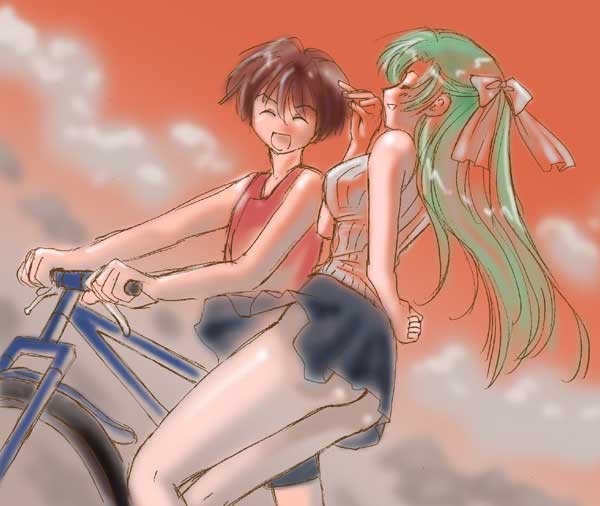 maebara keiichi, sonozaki shion, higurashi no naku koro ni, 00s, 1boy, 1girl, ass, bicycle, brown hair, closed eyes, green hair, half updo, long hair, ribbon, skirt, sky